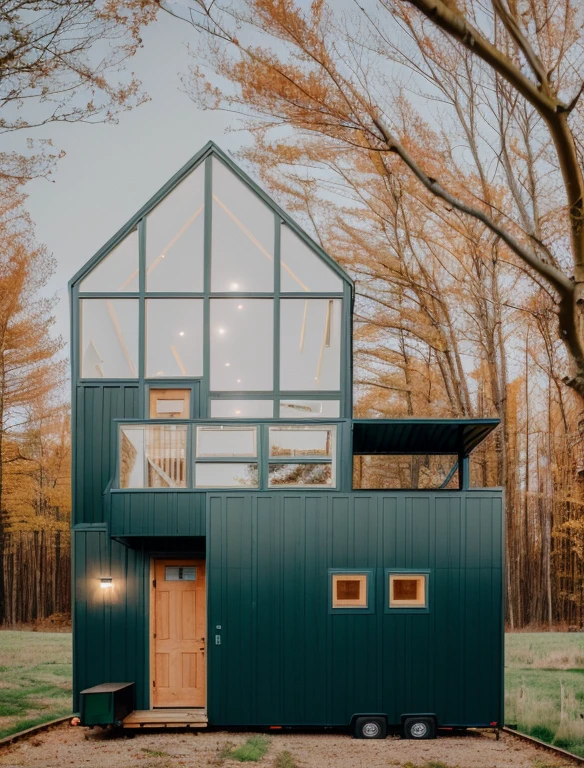 (realistic image of a modern tiny house), set in a mostly wooded, DAY LIGHT, SMOTHLIGHT, soft lighting, ultra quality, film grain, Fujifilm XT3, sharp image, best quality, authentic, hight quality,