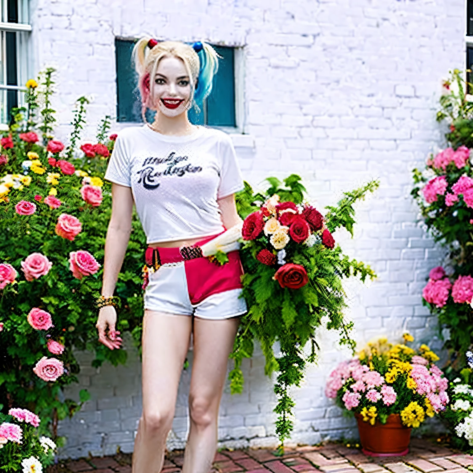Harley Quinn, HQ, masterpiece, young beautiful girl, smiling, looking at the camera, I am standing in front of a bouquet of roses, wearing shorts and t shirt, White running shoes. Wearing a top and shorts, flowers, full length photo, everyday pose, slender legs