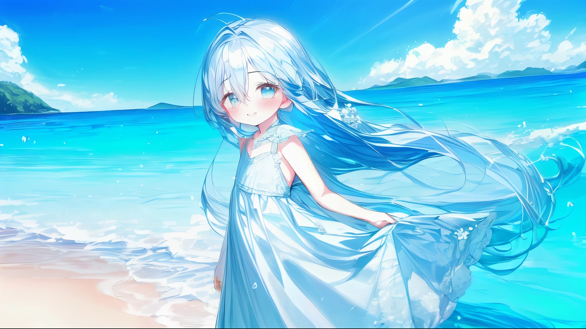 masterpiece, best quality, extremely detailed, (illustration, official art:1.1), 1 girl ,(((( light blue long hair)))), ,(((( light blue long hair)))),light blue hair, ,10 years old, long hair ((blush)) , cute face, big eyes, masterpiece, best quality,(((((a very delicate and beautiful girl))))),Amazing,beautiful detailed eyes,blunt bangs((((little delicate girl)))),tareme(true beautiful:1.2), sense of depth,dynamic angle,,,, affectionate smile, (true beautiful:1.2),,(tiny 1girl model:1.2),)(flat chest)),outdoors, blue sky, ocean, waves, beach, 1girl, solo, long hair, hair between eyes, silver hair, blue eyes, parted lips, bare shoulders barefoot, white dress, dress, sky sleeveless, sleeveless dress, reflection, walking, looking at viewer, from side,best quality, amazing quality, very aesthetic, absurdres,Bokeh,