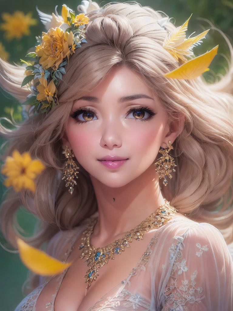50 year old mature woman, Looking at the audience, Attractive breasts,Sensual curves、bubble、Full Body Shot,Nightgown, Charming smile, Thick lips, plump唇, blush, Looking at the audience, Provocative expression, Beautiful Hairstyles, Cleavage, plump、Curvy Hips、Attractive face、Mischievous face、Sexy Lingerie、An inviting gaze、Expressing emotions、colored feather, Money属装飾品, particle, Light, (masterpiece, highest quality, highest quality, Official Art, beautifully、aesthetic:1.2), (1 girl:1.3), Very detailed,(Fractal Art:1.1),(colorful:1.1)(flowerズ:1.3),Most detailed, (Dynamic pose), (Shiny skin), (Many colors :1.4), ,(Earrings:1.4), (feather:1.4),masterpiece, 30~40 years, Mr.々Hair style,Moneyのヘッドバンド,Tulle covers the chest,Perfect balance, Detailed details of the garment,marble,cinematicLighting, Film Grain, contrast of Light and dark,High detail,(((Gorgeous Accessories))))、Openwork decoration,(((See-through dress)))、(((Anatomically correct body))) ,1 girl, (High resolution), (8k), (Very detailed), Perfect Face, Beautiful eyes and face, (((highest quality))), (Very detailed), Detailed face and eyes, Beautiful Eyes,(((Sexy pose,Beautiful Eyes、Transparent double eyelids、(((Super gorgeous background)))、Bright Eyes,Money,diamond,gem,Body Chain,Luxury Accessories,beautifully、aesthetic,flower、(((Super gorgeous background)))、Bright Eyes