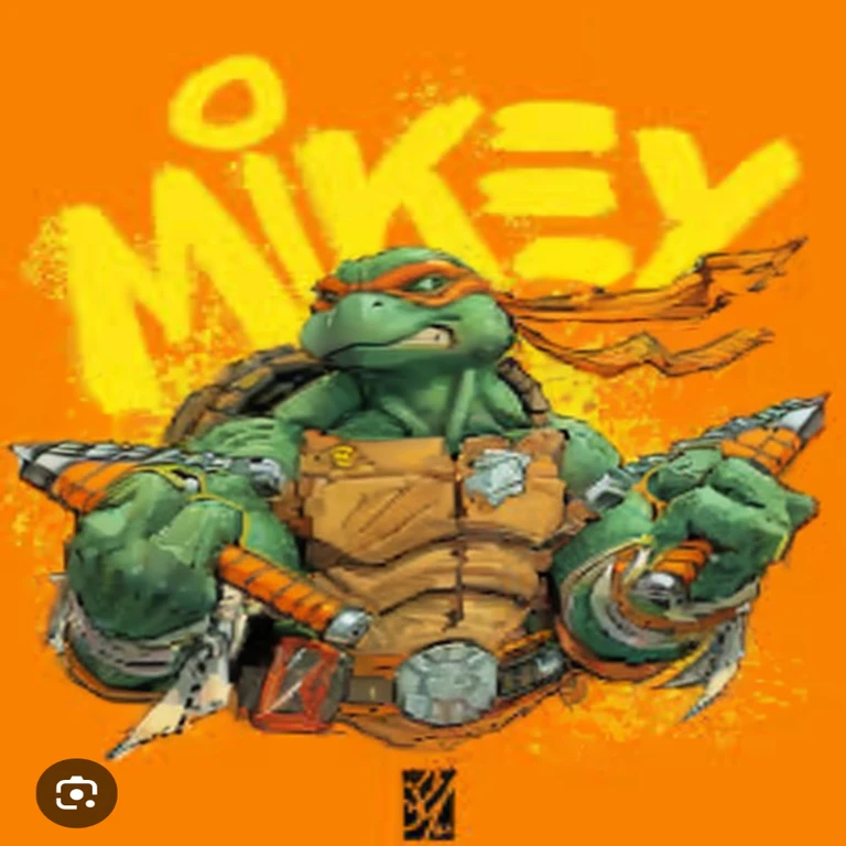 a close up of a cartoon turtle with a knife and a helmet, michael angelo inspired, mike, michael angelo, teenage mutant ninja turtle, inspired by Alex Horley-Orlandelli, inspired by Michaelangelo, tmnt, album art, michaelangelo style, as an anthropomorphic turtle, mikko, inspired by Alex Horley, ninja turtle eating pizza