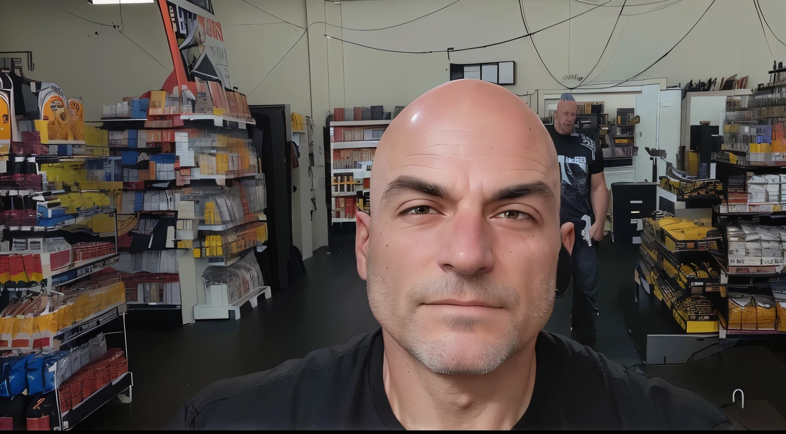 arafed man in a store with a black shirt and a black shirt, middle aged balding superhero, bald man, by Lee Loughridge, full head shot, looking straight, tony matelli, taken in the early 2020s, selfie of a man, bald head, middle aged man, looking straight to camera, buzzed hair