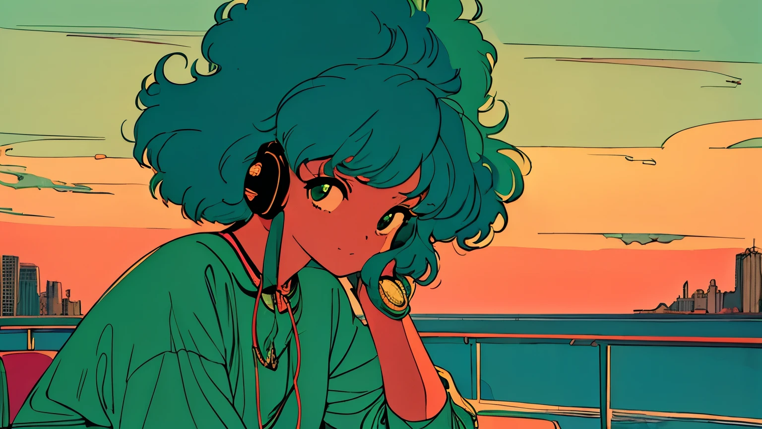 City pop style art,Green Hair, Afro Hair, Wearing headphones, Futuristic yet lo-fi, Retro, Vintage, Ghost,masterpiece, Ocean, Cafe, (( evening )), (( Looking down ))
