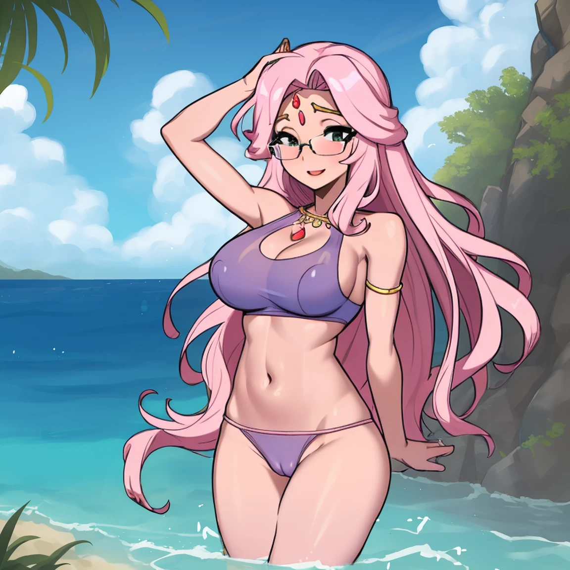 (masterpiece, best quality:1.2), cowboy shot, (solo), (1girl):1.5, glasses, long fluffy pink hair, hair blowing, gorgeous body, wide hips, slight smile, ((very sexy and transparent (blue clothes)) with exposed navel), musculous belly, gorgeous huge breasts, ((pink breasts niples) under very transparent blue clothes), (cameltoe), in front a waterfall in a windy beach, view form sea to beach.