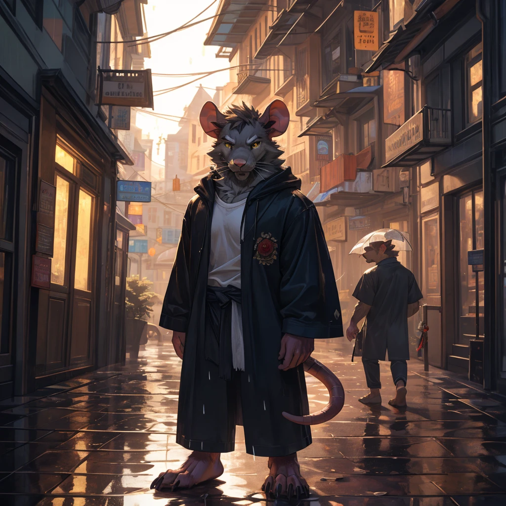 handsome male, rat, tall slinky muscular build, light silver long messy fringe, ((best quality)), ((masterpiece)), (detailed), perfect face, silver fur, gold eyes, good detailed eyes , large baggy white t-shirt, mischievous, mysterious, realistic, dark street background, standing in the rain, raining, holding a glowing yellow rose