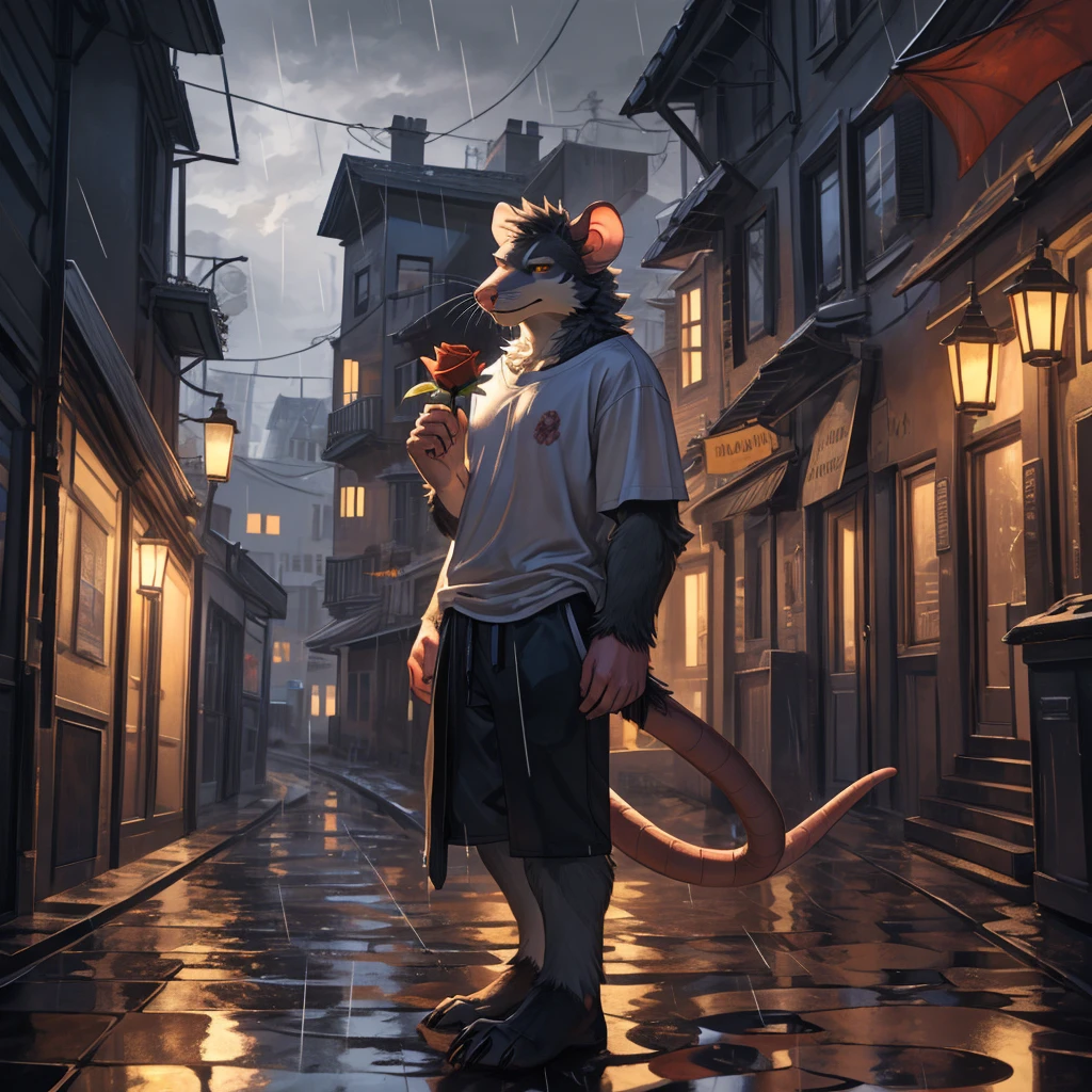 handsome male, rat, tall slinky muscular build, light silver long messy fringe, ((best quality)), ((masterpiece)), (detailed), perfect face, silver fur, gold eyes, good detailed eyes , large baggy white t-shirt, mischievous, mysterious, realistic, dark street background, standing in the rain, raining, holding a glowing yellow rose