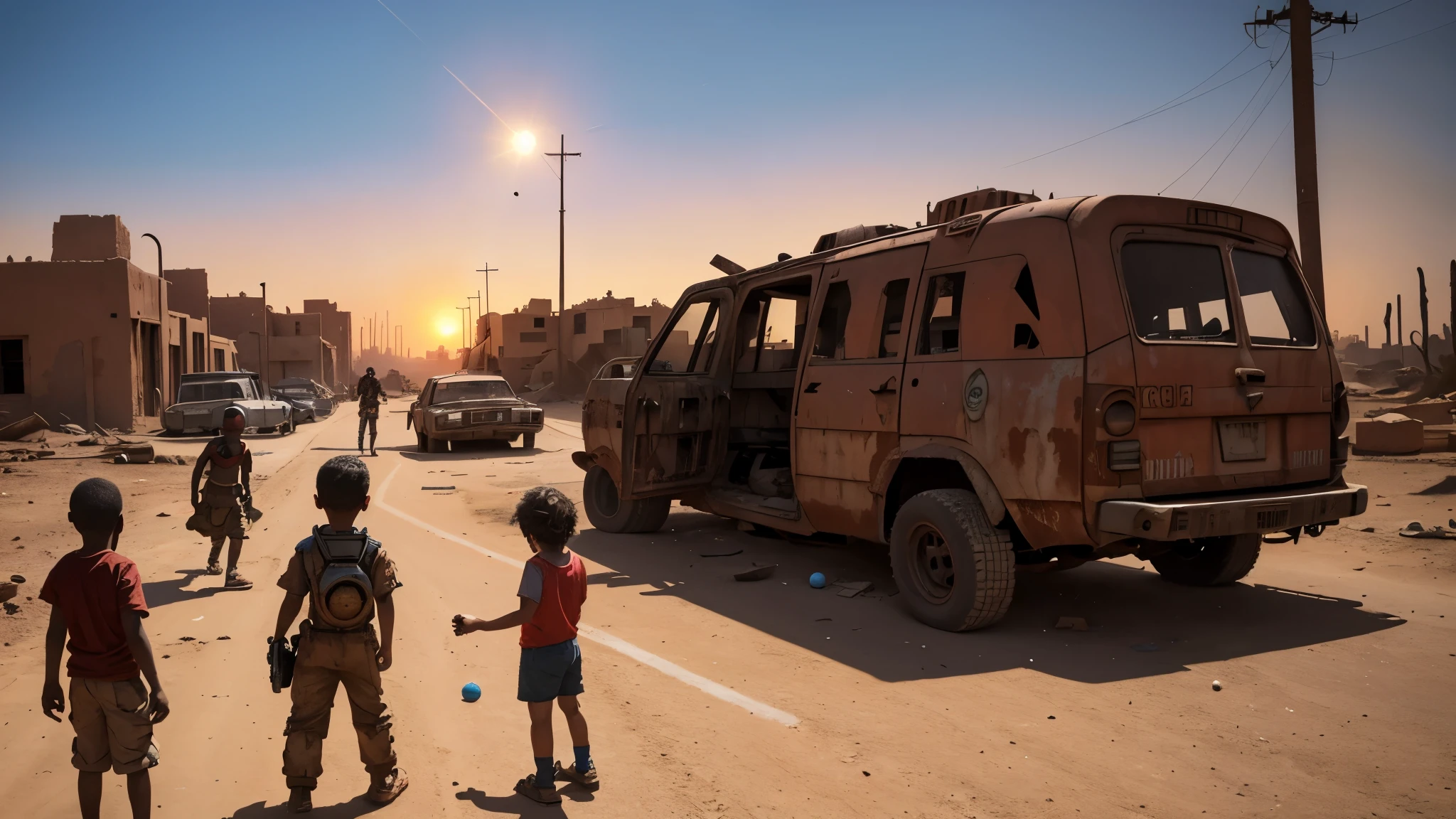 destroyed city in the desert. An old rusty combat robot lies on the street. children play ball. there is a red sun in the sky.