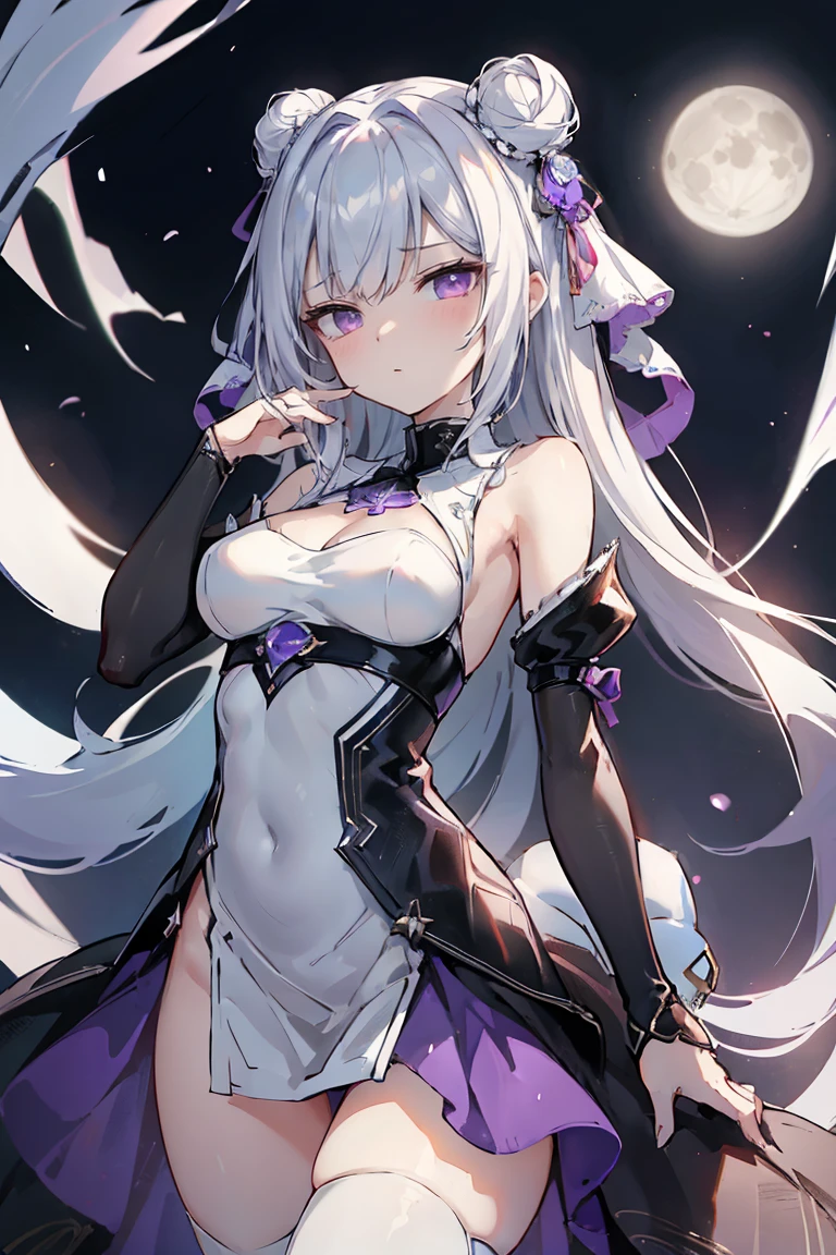 1girl, anime, cute girl, blank background, white background, fantasy, detailed fantasy dress with highlights, beautiful face, beautiful eyes, dark colors, black hair with multicolor streaks, red eye with different color pupil in eye, multicolor eye, medium breasts, slight cleavage, beautiful skin, cute, breast curtains, extremely delicate and beautiful, (beautiful detailed face:1.0), (detailed deep eyes), symmetrical breasts, deep eyes, shiny skin, portrait, slender waist, hips wider than shoulders, thighs, expressionless, young girl, luminous eyes, adorable,(Kpop idol),(aegyo sal:1),(Platinum blonde hair:1),((puffy eye)),Black panty,sexy posture,Superskirt, Ultra-high resolution,Black collar,slim figure, Abdominal y tattoo, womb tattoo,Tight-fitting leg ring,y tattoo on half-body,Bare skin, Armored hand,Hidden fingertips,Hand covered,Arm covered,Fist covered,{{beautiful detailed fingers}}, tufts of hair, moderate beautiful breast:1.0,(masterpiece:1.2), best quality, high-res, HDR, perfect face, intricate armor, delicate blue filigree, intricate filigree, red metalic parts, detailed part, dynamic pose, dynamic lights, cute face, neutral expression, shuimobysim, lotus, hanfu, maxi skirt, dress conservatively 1girl, solo, long blue hair, standing, One lady,14years,((White hair) ,((Normal breasts)), (Shiny purple bodysuit with microskirt),((Fantasy, Moon Night))