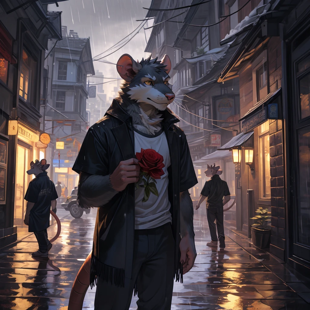 handsome male, rat, tall slinky muscular build, light silver long messy fringe, ((best quality)), ((masterpiece)), (detailed), perfect face, silver fur, gold eyes, good detailed eyes , large baggy white t-shirt, mischievous, mysterious, realistic, dark street background, standing in the rain, raining, holding a glowing yellow rose