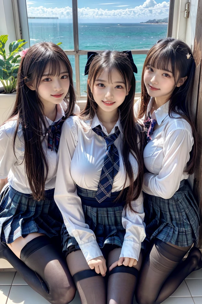 (Highschool girls inside suite room:1.4, 17 years old, cute faces:1.5, triangular face, sitting on gorgeous bed), looking at viewer, ((embarrassed:1.3, smile:1.1)), shy smile, open mouth, silky skins, natural makeup, glossy lips, group shot, (sexual suggestive:0.7), (identical school uniform:1.5, white shirt open chest, see through , both hand on breast:1.24), (naked :0.2), (3 girls:1, perfect style, full body), ((slender body)), (pleated plaid skirt, show panties), (raw photo:1.4),(( legs wide open, ribbons, pantyhose:1.2)), (gentle light, 16k wallpaper, raw photo, idol), BIBE, (wide window with ocean scenery, expensive furniture:1.3, sheets on floor:1.4, flowers in planter), (very huge round breasts)