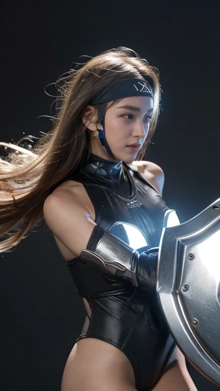 
"A high school-aged girl wearing a combat-powered suit. She has a headband connected to ear receivers. Her face is protected by a shield, ensuring her safety during battles. The suit is primarily made of silver metal and resembles the shape of a bikini. She is equipped with shoulder guards and power hands, which amplify her strength by hundreds of times."
