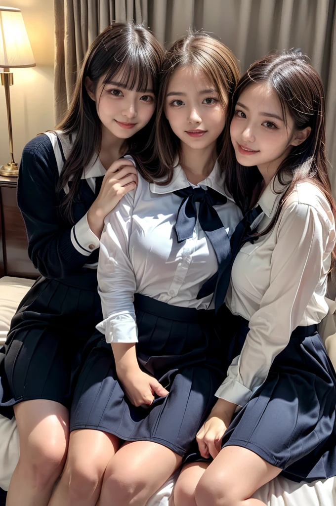 ((Four schoolgirls sitting on bed,Sit across from me,Look at me affectionately fascinated、Enraptured look,Trance,Everyone sees the camera perfectly,1 beautiful girl who is half Spanish,a blond,Brown hair,A dark-haired,photoRealstic,Luxury hotel bed taken from the lap,Same uniform,japanese,4 schoolgirls,Play with each other,Touching each other's bodies,Touching the body of the girl next door,4 Close contact,Very hilarious pose)),(Navy blue skirt in a sailor suit、Red ribbon and white shirt,Same ,large full breasts,very huge round breasts,Beautiful makeup,glitter makeup,Cutest 18 years old)),((Realistic lighting,during daytime,The background is a luxury hotel room,A detailed face,perfect teeth,White teeth,finerly detailed face,Beautiful face,an ecstatic look on one's face,Perfect fingers,Accurate 5 fingers,high-definition RAW color photography, professional photograpy, extremely delicate and beautiful, Extremely detailed,finely detail, Huge file size,Top image quality,8K))