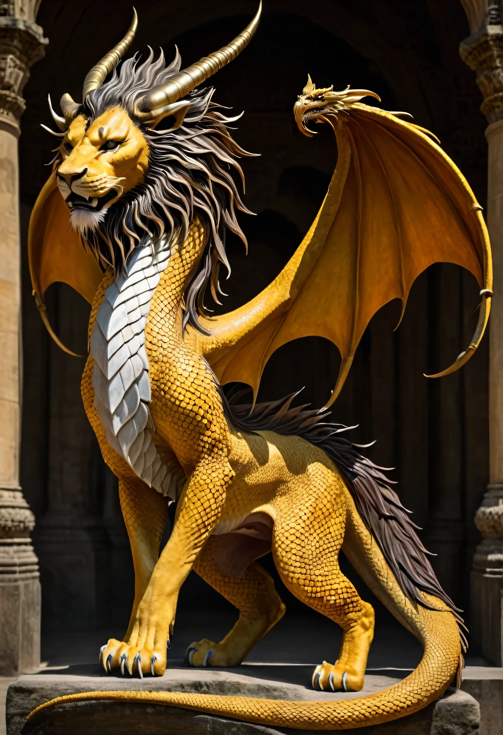 A dragon-headed animal with a lion's body has wings and a long tail