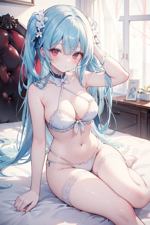 best quality, masterpiece, 1girl, red eyes, tied up light blue hair, aesthetic, artistic, bed, white