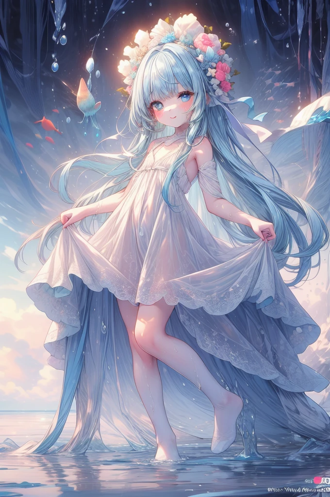 masterpiece, best quality, extremely detailed, (illustration, official art:1.1), 1 girl ,(((( light blue long hair)))), ,(((( light blue long hair)))),light blue hair, ,10 years old, long hair ((blush)) , cute face, big eyes, masterpiece, best quality,(((((a very delicate and beautiful girl))))),Amazing,beautiful detailed eyes,blunt bangs((((little delicate girl)))),tareme(true beautiful:1.2), sense of depth,dynamic angle,,,, affectionate smile, (true beautiful:1.2),,(tiny 1girl model:1.2),)(flat chest)),(muste piece), (best quality), very detailed, 1 girl, perfect face, (solo full body shot:1.3), very detailed顔,(white long hair:1.5),(blue eyes:1.4),(in water:1.4),(white dress:1.5),Ocean,coral reef,School of small fish,Light,bubble,jellyfish,Ocean algae,(Deep Ocean:1.4),fantasy,ocean bottom,float