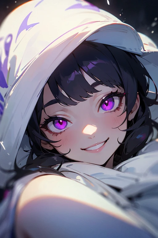 A close if woman who's the cold one, she's having bright purple eyes black hair she's , smiling with the satisfied and scary smile but could make everybody fall in love with her