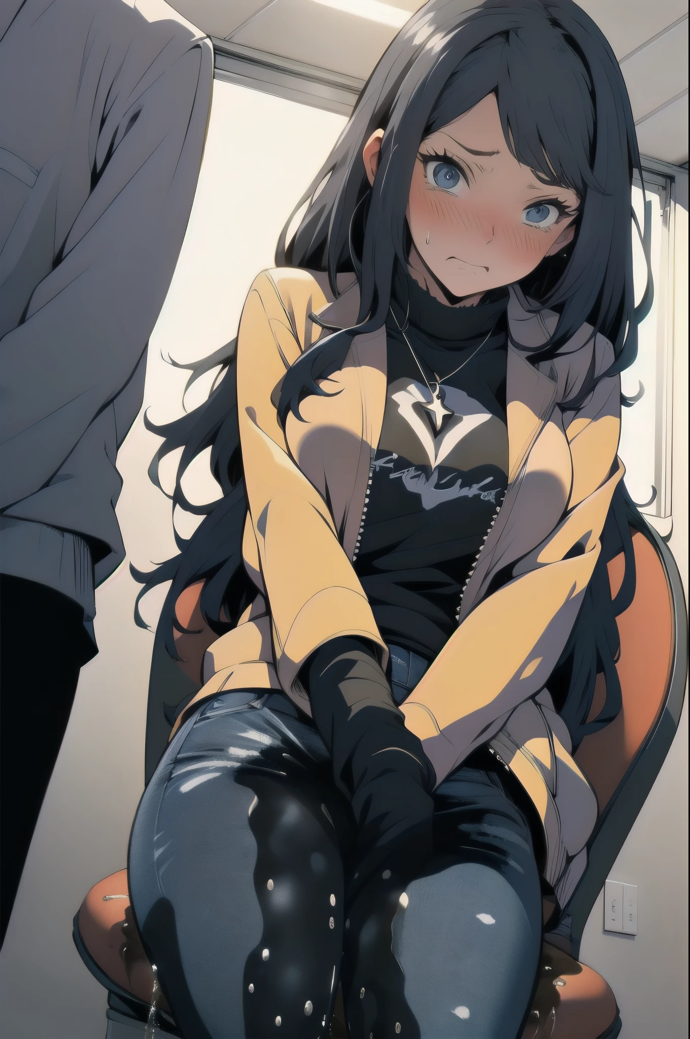 A woman with very long black hair, (very long hair:1.25) and (long bangs:1.5), wearing a stylish jacket and jeans, standing. The artwork is inspired by manga and incorporates a doujin style. The woman appears to be (wetting herself:1.5), which causes her to feel embarrassed and humiliated, resulting in a blush on her face. In addition, there is an air of anger in her expression. The lighting in the scene is moody, with a spotlight highlighting the woman's figure, Her arms are crossed (crossing arms:1.5), showcasing a very large pee stain that covers almost the entire front of her jeans., large breasts, skinny