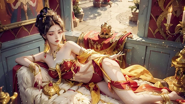 Stunning 18-year-old Super Fashion Model, Radiantly Posing in a Dazzling Tight Two-Tone Red and Yellow Swimsuit Elaborately Adorned with Jewelry and Makeup, Reclining in a Prone Position, her Behind is Elevated, immersed in a Bubbling, Diamond-Studded Vat within a Restored, Elegant Bathroom Bursting with Vintage Detailing. This Timeless Room, hailing from the Founder's Era, is adorned with Blue Tiles adorned with White Ornaments, shimmering under the soft glow of antique chandeliers, creating an atmosphere of