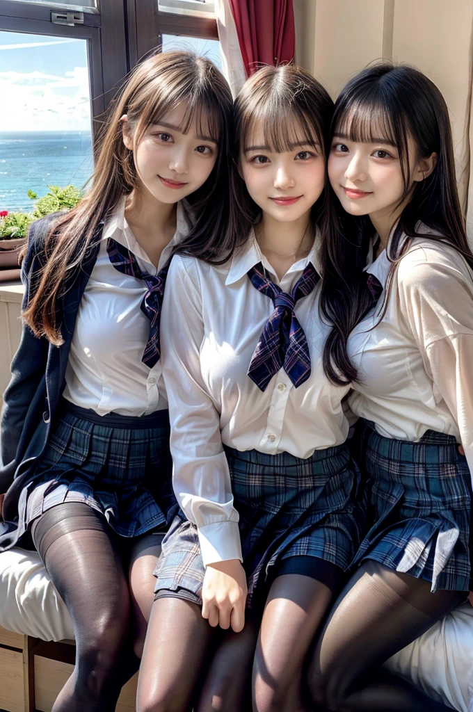 (Highschool girls inside suite room:1.4, , cute faces:1.5, triangular face, sitting on gorgeous bed), looking at viewer, ((embarrassed:1.3, smile:1.1)), shy smile, open mouth, silky skins, natural makeup, glossy lips, group shot, (sexual suggestive:0.7), (identical school uniform:1.5, white shirt open chest, see through , both hand on breast:1.24), (naked :0.2), (3 girls:1, perfect style, full body), ((slender body)), (pleated plaid skirt, show panties), (raw photo:1.4),(( legs wide open, ribbons, pantyhose:1.2)), (gentle light, 16k wallpaper, raw photo, idol), BIBE, (wide window with ocean scenery, expensive furniture:1.3, sheets on floor:1.4, flowers in planter), (very huge round breasts)