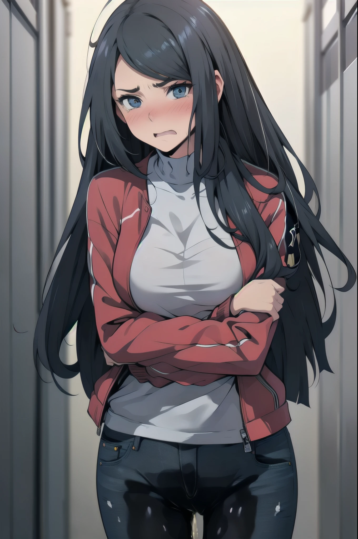 A woman with very long black hair, (very long hair:1.25) and (long bangs:1.5), wearing a stylish jacket and jeans, standing. The artwork is inspired by manga and incorporates a doujin style. The woman appears to be (wetting herself:1.5), which causes her to feel embarrassed and humiliated, resulting in a blush on her face. In addition, there is an air of anger in her expression. The lighting in the scene is moody, with a spotlight highlighting the woman's figure, Her arms are crossed (crossing arms:1.5), showcasing a very large pee stain that covers almost the entire front of her jeans., large breasts, skinny