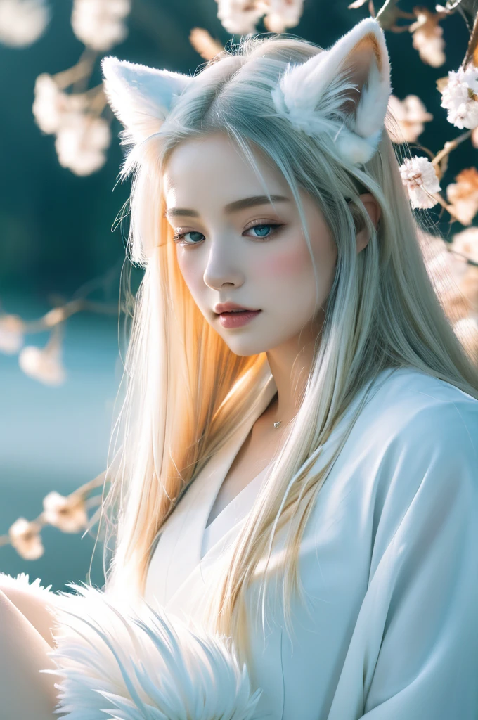 ( masterpiece, top quality, best quality,8k,17 years old girl,ultra detailed,raw photo:1.5),(photorealistic:1.4),(cinematic lighting), PerfectNwsjMajic, , Surrealism, UHD, ccurate, Super detail, textured skin, High detail, Best quality, dynamic angle, (high nose,White skin),[Beautiful blue eyes],[flat chest:large breasts:0.5],(1girl),(good anatomy:0.5)), Nine snow-white fox tails (1.0), Milky white fox tail (1.0), Close-up of nine-tailed fox, Nine tails, Nine tails，There are flowers on the hair, Very beautiful fox girl, Beautiful anime fox girl, Beautiful fantasy, guweiz, girl with fox ears, Very beautiful and cute fox girl, flower rain, The background  blurred, Artistic interpretation,a whimsical illustration, Subtle colors and tones, mystical aura