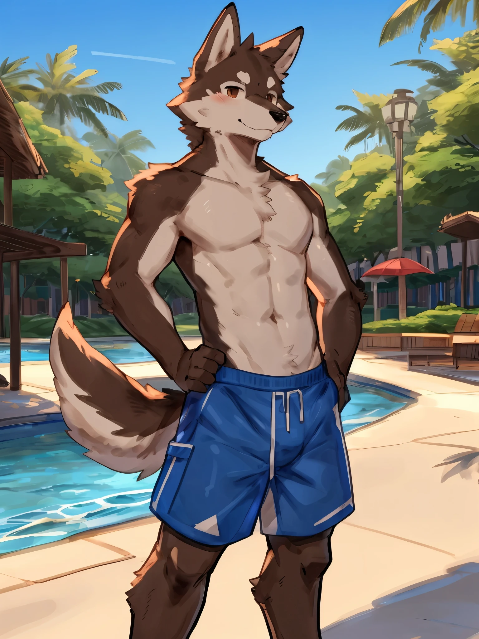 (best quality, best shading, best anatomy, masterpiece, detailed anatomy, 4k), by Buta99, by Zackary911, 1Male, Wolf, tail, young body, brown furs body, skinny body, dark brown eyes, blue shorts, holding a black buoy, in the resort park background