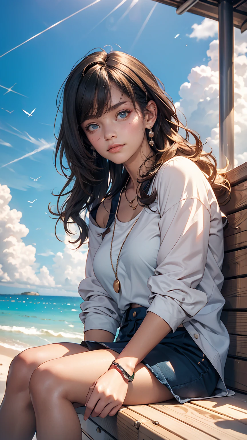 ((最high quality, 8k, masterpiece: 1.3, Ultra HD, high quality, 最high quality, High resolution, realism)) 、Beautiful 18 year old Caucasian female、Hair color is black、Iridium Hair、Hair is wavy、smile、I want to keep my head out of the screen.、sit on a high breakwater on the beach、The blue sky is beautiful、There is a cloud at the entrance、that'summer、I'm wearing a sailor suit、Wearing a navy blue pleated skirt、Wear loafers、There is a road in front of the breakwater.、There is a sign indicating the bus stop.、The sea is beautiful、Beautiful Horizon、An island can be seen offshore