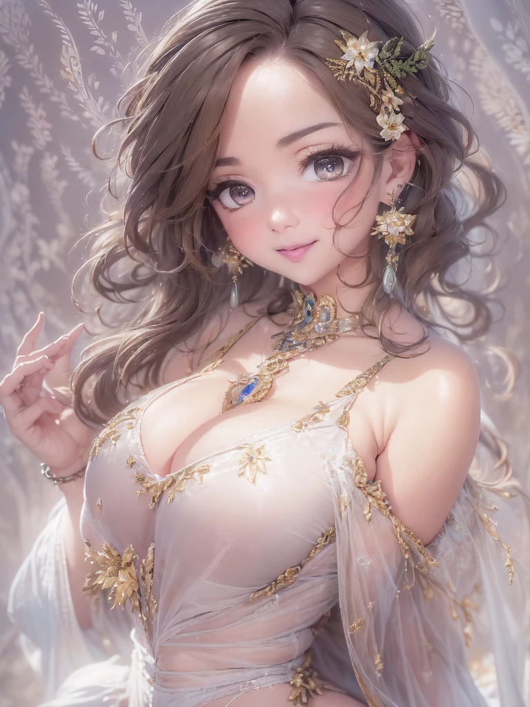 50 year old mature woman, Looking at the audience, Attractive breasts,Sensual curves、bubble、Full Body Shot,Nightgown, Charming smile, Thick lips, plump唇, blush, Looking at the audience, Provocative expression, Beautiful Hairstyles, Cleavage, plump、Curvy Hips、Attractive face、Mischievous face、Sexy Lingerie、An inviting gaze、Expressing emotions、colored feather, Money属装飾品, particle, Light, (masterpiece, highest quality, highest quality, Official Art, beautifully、aesthetic:1.2), (1 girl:1.3), Very detailed,(Fractal Art:1.1),(colorful:1.1)(flowerズ:1.3),Most detailed, (Dynamic pose), (Shiny skin), (Many colors :1.4), ,(Earrings:1.4), (feather:1.4),masterpiece, 30~40 years, Mr.々Hair style，Moneyのヘッドバンド，Tulle covers the chest，Perfect balance, Detailed details of the garment,marble，cinematicLighting, Film Grain, contrast of Light and dark,High detail,(((Gorgeous Accessories))))、Openwork decoration，(((See-through dress)))、(((Anatomically correct body))) ,1 girl, (High resolution), (8k), (Very detailed), Perfect Face, Beautiful eyes and face, (((highest quality))), (Very detailed), Detailed face and eyes, Beautiful Eyes,(((Sexy pose,Beautiful Eyes、Transparent double eyelids、(((Super gorgeous background)))、Bright Eyes,Money,diamond,gem,Body Chain,Luxury Accessories,beautifully、aesthetic,flower、(((Super gorgeous background)))、Bright Eyes