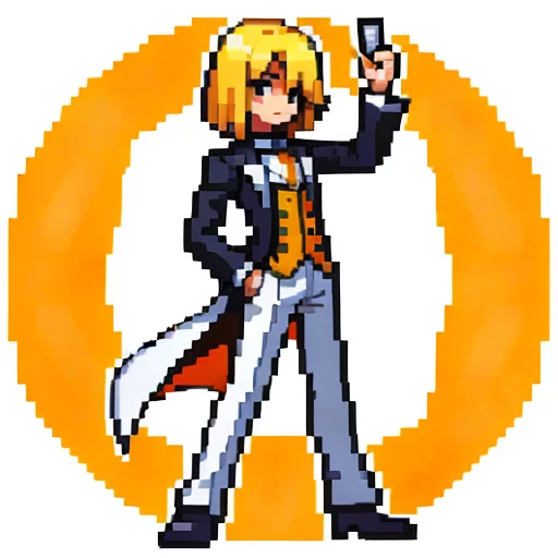 Pixel art, full body, facing left (important), alone, standing upright, long sleeve tuxedo with open front, boots. Hair color: Light medium blonde bob with parted bangs. He has several cards in his hand. Clothes: He wears an orange long-sleeved tuxedo with an open front and a yellow vest underneath. Trousers: white pants. Shoes: Yellow boots.