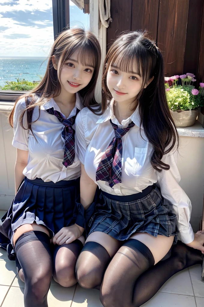 (Highschool girls inside suite room:1.4, 17 years old, cute faces:1.5, triangular face, sitting on gorgeous bed), looking at viewer, ((embarrassed:1.3, smile:1.1)), shy smile, open mouth, silky skins, natural makeup, glossy lips, group shot, (sexual suggestive:0.7), (identical school uniform:1.5, white shirt open chest, see through , both hand on breast:1.24), (naked :0.2), (3 girls:1, perfect style, full body), ((slender body)), (pleated plaid skirt, show panties), (raw photo:1.4),(( legs wide open, ribbons, pantyhose:1.2)), (gentle light, 16k wallpaper, raw photo, idol), BIBE, (wide window with ocean scenery, expensive furniture:1.3, sheets on floor:1.4, flowers in planter), (very huge round breasts)