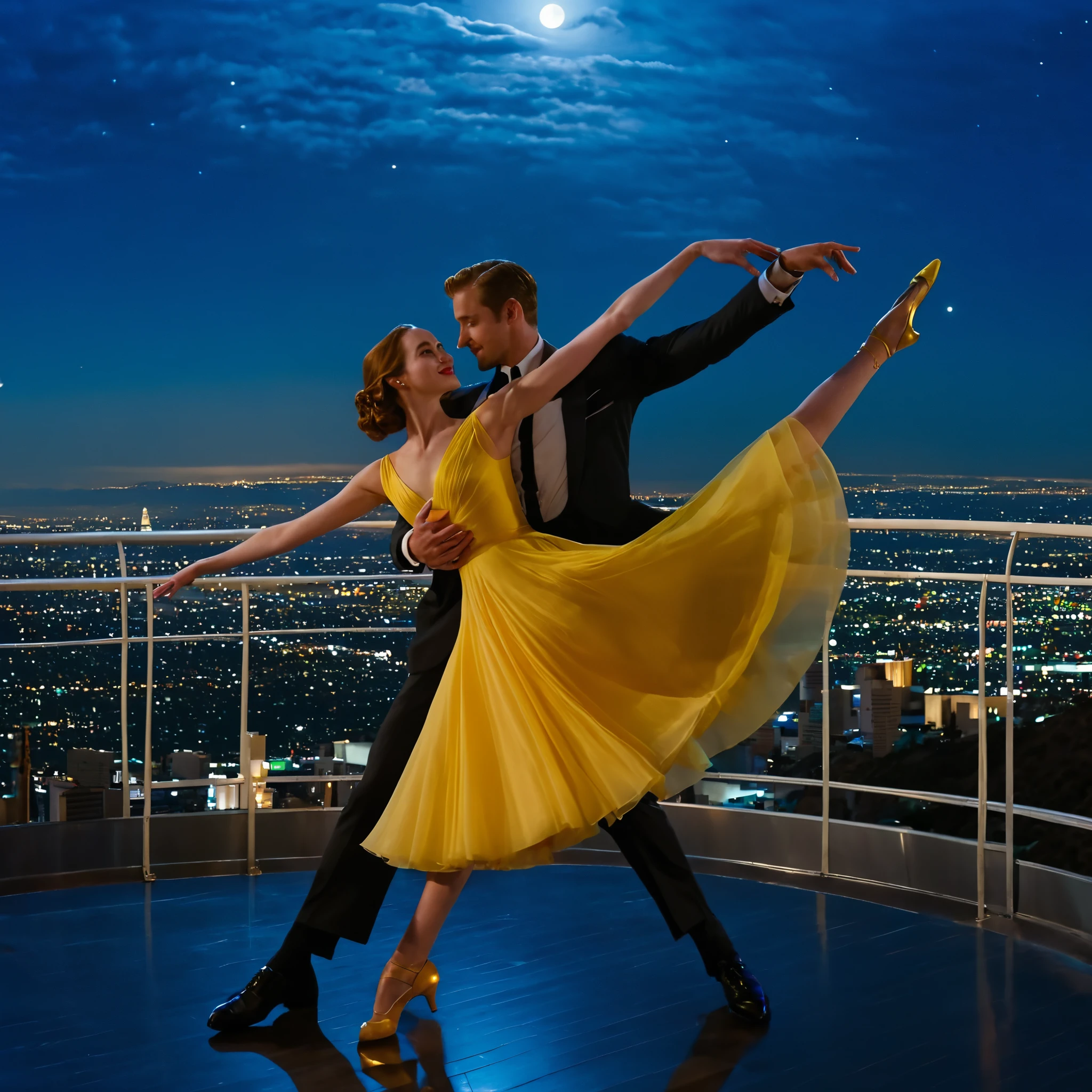 la la land The sky was tinted with a light blue hue, with the moon shining brightly overhead. The male lead was dressed in an elegant black suit, while the female lead wore a flowing yellow dress. They met on a suspended skywalk, with the brilliant lights of the Los Angeles cityscape in the distance, creating a captivating backdrop. As the music began to play, the male and female leads started to dance gracefully, their movements both beautiful and passionate. The moonlight filtered through the clouds, adding a layer of mysterious charm to their dance. They twirled and leaped on the skywalk, their dance filled with love and dreams. This scene not only depicted the romantic connection between the two characters but also showcased their passion and pursuit of music and art.