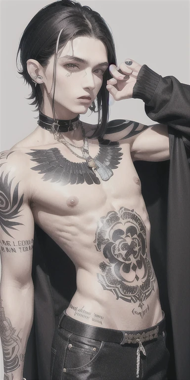 Best quality, homme incube, cheveux court, 20 ans . Grand, stylish body with tattoos, une queue de démon, demon wings and long, pointed ears, un chocker autour du cou, bracelets and nipple piercings, oreilles, langues, nez