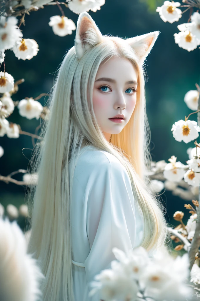 ( masterpiece, top quality, best quality,8k,17 years old girl,ultra detailed,raw photo:1.5),(photorealistic:1.4),(cinematic lighting), PerfectNwsjMajic, , Surrealism, UHD, ccurate, Super detail, textured skin, High detail, Best quality, dynamic angle, (high nose,White skin),[Beautiful blue eyes],[flat chest:large breasts:0.5],(1girl),(good anatomy:0.5)), Nine snow-white fox tails (1.0), Milky white fox tail (1.0), Close-up of nine-tailed fox, Nine tails, Nine tails，There are flowers on the hair, Very beautiful fox girl, Beautiful anime fox girl, Beautiful fantasy, guweiz, girl with fox ears, Very beautiful and cute fox girl, flower rain, The background  blurred, Artistic interpretation,a whimsical illustration, Subtle colors and tones, mystical aura