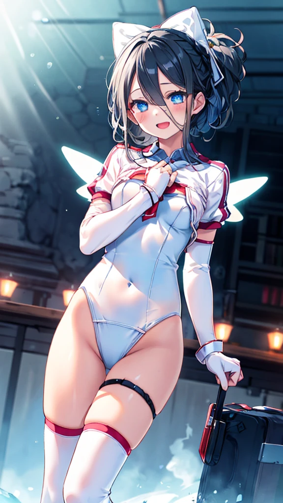 (whole body),1 girl, alone, smile, Open your mouth, angelMagicalClothes,blue eyes,Black Hair,Long Hair,白のスクールSwimwear,one piece_Swimwear, elbow_gloves, Knee-high socks,boots,1 girl, masterpiece, high quality, 最high quality, beautiful背景, Particles of light, Dramatic lighting, outside, Shiny, Realistic, 最high quality, Very detailed, Get used to it, scenery, beautifullyて細かい目, Thinning hair,whole bodyショット,((Very detailedな背景)), ((Cowboy Shot,Dynamic Angle)),1 girl,(Shiny肌:1.3),(beautifully濃厚な肌),(Thinning hair), masterpiece, high quality, High resolution, Confused,(beautifully、beautiful:1.2), beautiful手, (4K), 8k, Perfect balance,(Very detailedな CG Unity 8k 壁紙), Perfect hands, Embarrassing, Intricate details,Written boundary depth,Professional photography, Bokeh, High resolution, Sharp details, 最high quality, Thick thighs,