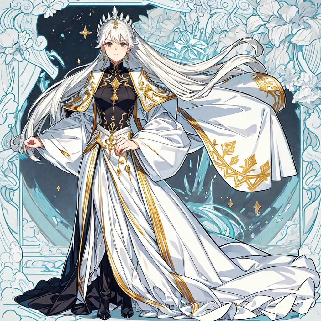 tall woman with an athletic build, con una vestimenta elegante empezando con un abrigo blanco con tocados dorados y una cabellera larga y ondulada de color blanco, mirada seria casi enfadada y con un short negro y medias de red con unas botas blancas y elegantes.