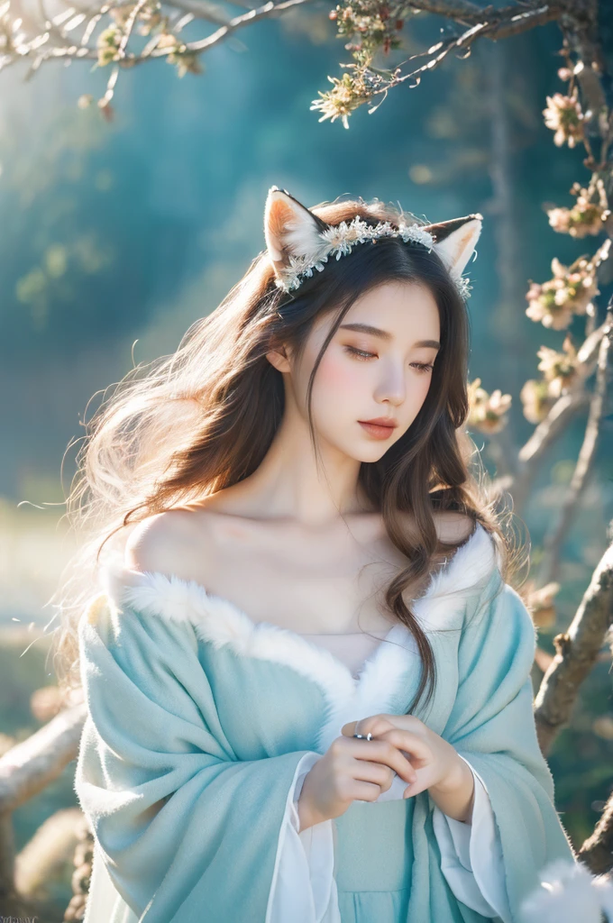 ( masterpiece, top quality, best quality,8k,17 years old girl,ultra detailed,raw photo:1.5),(photorealistic:1.4),(cinematic lighting), PerfectNwsjMajic, , Surrealism, UHD, ccurate, Super detail, textured skin, High detail, Best quality, dynamic angle, (high nose,White skin),[Beautiful blue eyes],[flat chest:large breasts:0.5],(1girl),(good anatomy:0.5)), Nine snow-white fox tails (1.0), Milky white fox tail (1.0), Close-up of nine-tailed fox, Nine tails, Nine tails，There are flowers on the hair, Very beautiful fox girl, Beautiful anime fox girl, Beautiful fantasy, guweiz, girl with fox ears, Very beautiful and cute fox girl, flower rain, The background  blurred, Dreamy atmosphere,mystical ambiance, Artistic interpretation,a whimsical illustration, Subtle colors and tones, mystical aura