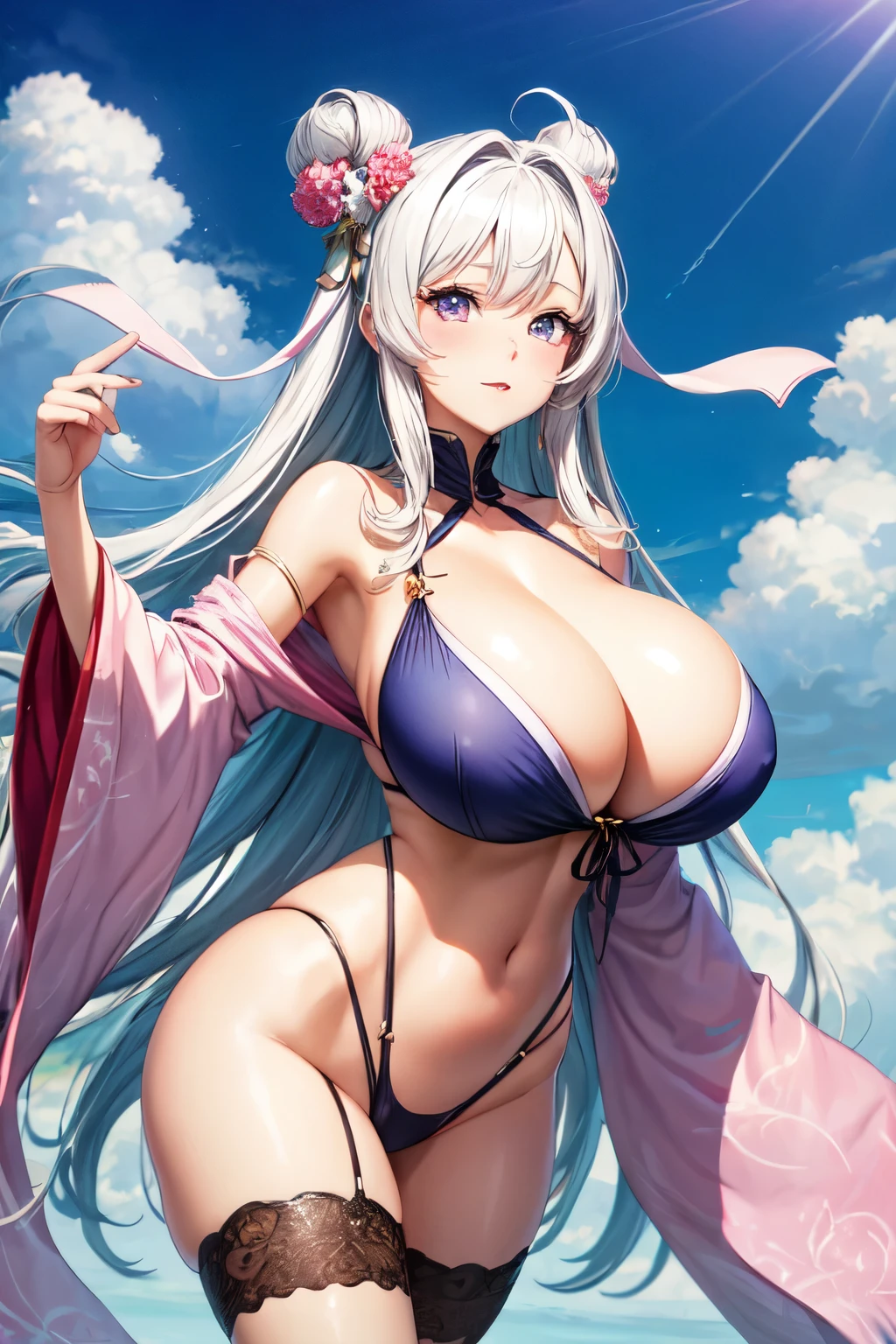 Make a woman with a slim build but with huge , de tez blanca y cabellera blanca ondulada y larga, pink eyed in japanese manga style