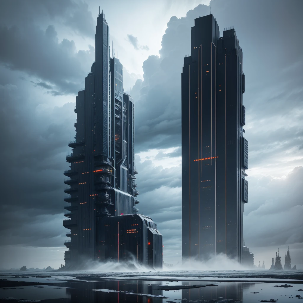 dramatic stormy sky, freezing cold, isolated, remote location, futuristic technology, towering structure, icy landscape, powerful presence, harsh conditions, industrial, surreal atmosphere