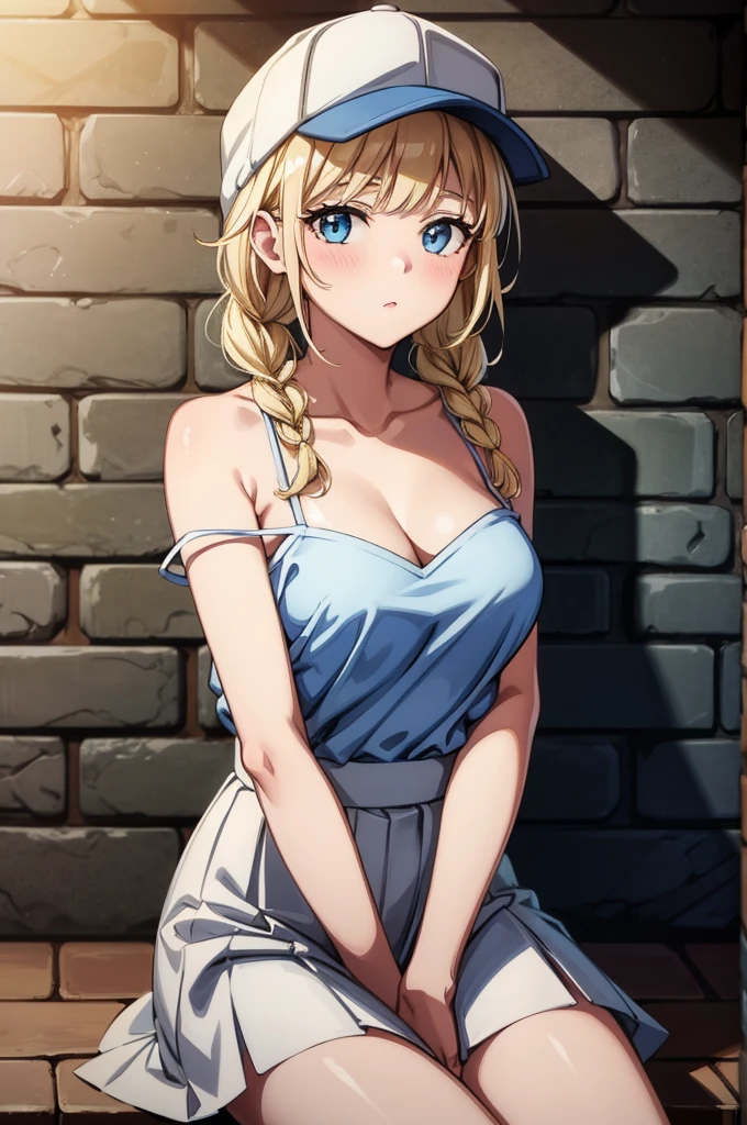 a pretty blonde woman wearing a hat sitting alone next to bricks leaning against the wall, 1girl, breasts, solo, strap slip, blue eyes, hat, blonde hair, shirt tucked in, braid, skirt, twin braids, cleavage, blush, collarbone, looking at viewer, baseball cap, camisole, long hair, bangs, brick wall, cowboy shot, against wall, white skirt, bare shoulders, wall