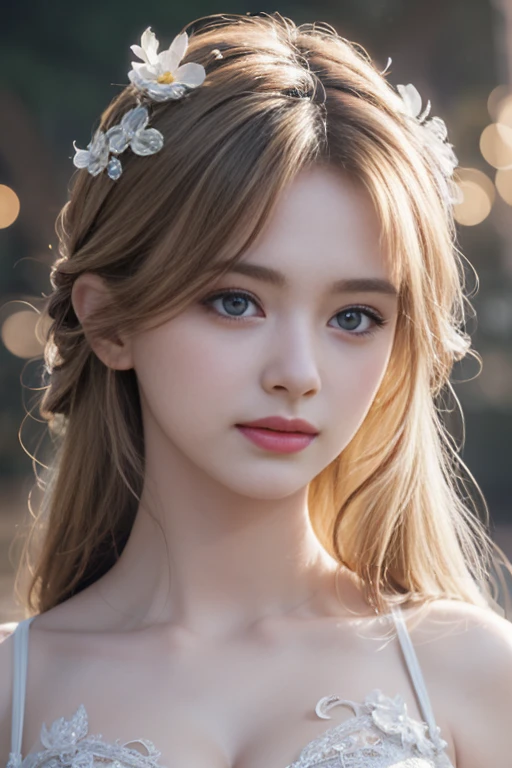 (Surreal), (illustration), (Improve resolution), (8K), (Very detailed), (Best illustration), (Beautiful and delicate eyes), (best quality), (Ultra Detailed), (masterpiece ), ( wallpaper), (Detailed face) fine details, Detailed face,Sharp eyes, Pointed face, Small lips half-opened, Purebred face_v1,Beautiful breasts，Shoulder straps slipping off，Deep cleavage，Beautiful breasts，