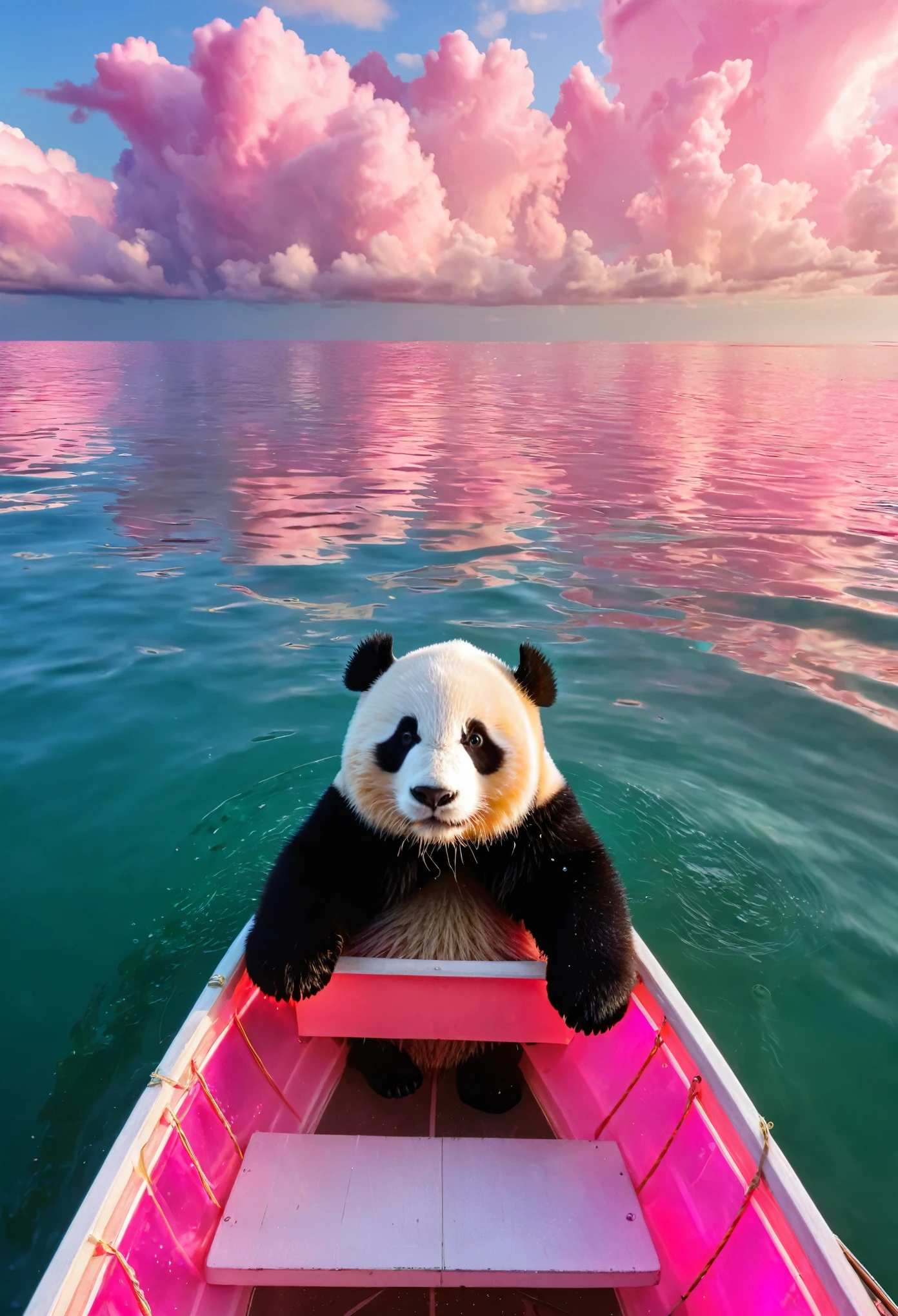 Shot from top to bottom, close-up, a small pink transparent boat, the boat sparkles, the lovely panda sitting on the boat, the panda accounts for 30% of the boat area, the panda paddling the boat, the hairy texture, there are many luminous small fish in the boat, the sea becomes a mirror, the picture is simple, dreamlike sea and clouds, pink clouds, like fairyland, real, super details, Sea, clouds, wonderful, romantic, soft light, fantastic fluorescent lights, movie pictures, 8K, HDR