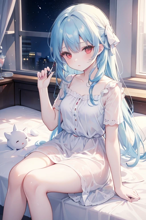 best quality, masterpiece, 1girl, red eyes, tied light blue hair, sitting on bed, white,nightdress