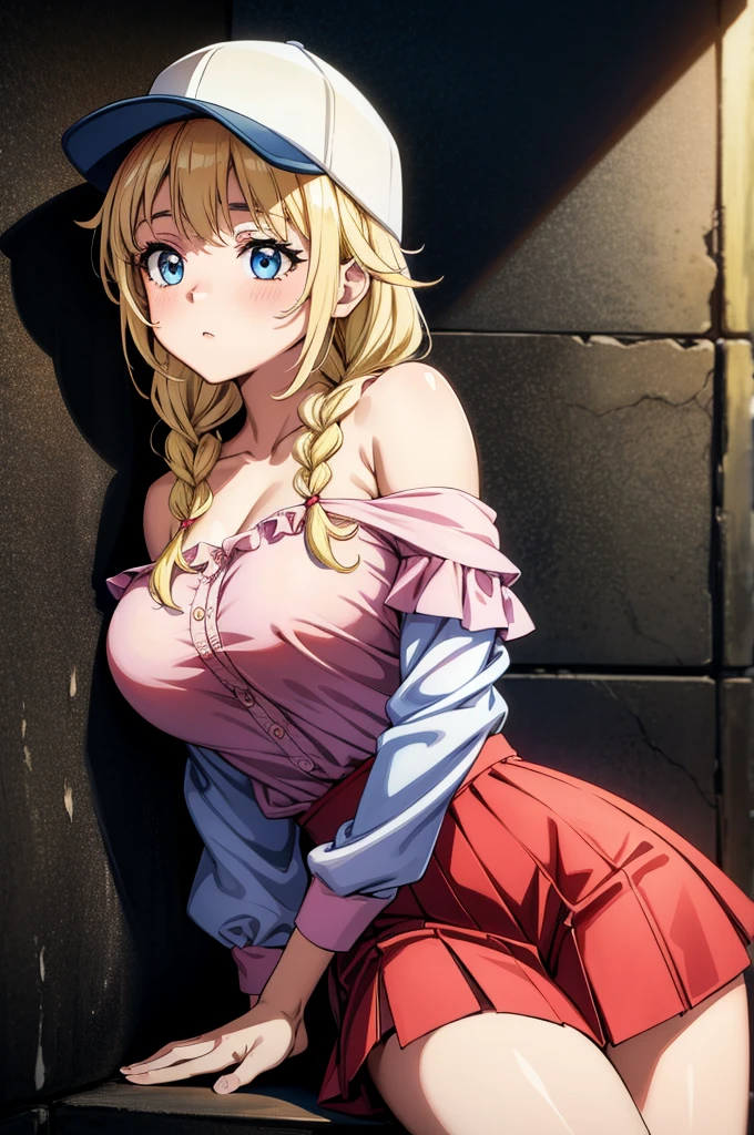 super fine illustration,vibrant colors, masterpiece, sharp focus, best quality, depth of field, cinematic lighting,ultra detailed,masterpiece, best quality, ultra-detailed, illustration, beautiful detailed eyes, 1girl, detailed scenery, 21 years old, yellow twin braid hair, leaning on a wall, bigbreast, red camisole shirt, sleeveless, off shoulder, miniskirt, shy, blush, Eiko Tsukimi, blue eyes, braid, twin braid,(((blonde hair))),baseball cap,