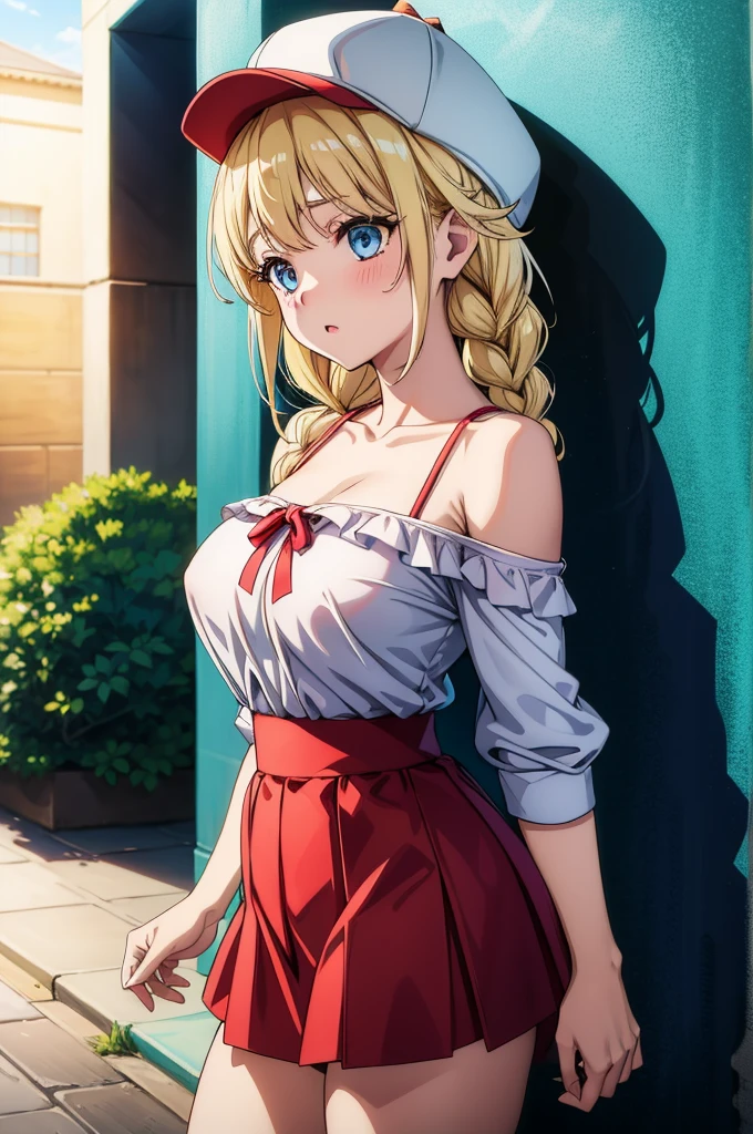 super fine illustration,vibrant colors, masterpiece, sharp focus, best quality, depth of field, cinematic lighting,ultra detailed,masterpiece, best quality, ultra-detailed, illustration, beautiful detailed eyes, 1girl, detailed scenery, 21 years old, yellow twin braid hair, leaning on a wall, bigbreast, red camisole shirt, sleeveless, off shoulder, miniskirt, shy, blush, Eiko Tsukimi, blue eyes, braid, twin braid,(((blonde hair))),baseball cap,