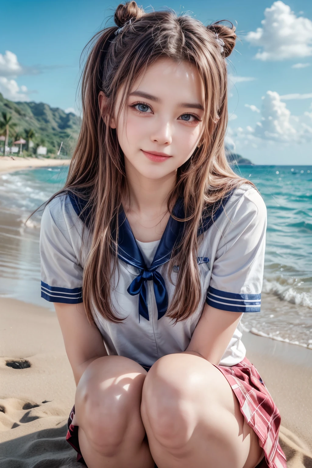 Best quality at best,tmasterpiece,Extremely Delicately Beautiful,The content is very detailed,CG,gatherings,8k wallpaper,An Astonishing,depth of fields,1 Chinese girl,very beautiful look,delicate skin,Flawless Face,plain face,white color hair,Long white hair,high ponytails,There are two strands of white hair on both sides of the ears,Wear pink hair accessories,Eye color is sky blue,Elaborate Eyes,Eyes sparkle,grin face, Put on a sailor suit、pleatedskirt,medium 、There is one by the sea、(On the sandy beach)、 light, realistically, tmasterpiece, Best quality, Complex CG, The face is very detailed, high detail eyeull bodyesbian locked,Above the knee