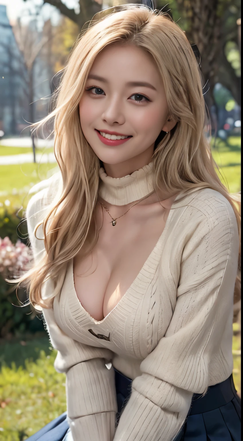 23 is a novel, Beauty、Long dark blonde wavy hair、Beige Turtleneck Sweater, Puffy nipples、long pleated skirt in dark blue color,,Medium Milk, Cute Smile、(lean forward to emphasize the chest)、Beautiful Necklace、Black high heels、sexy lace panties、Visible shot of the whole body、On the grass in the park、Squat on your knees、Cute smile with upward glances