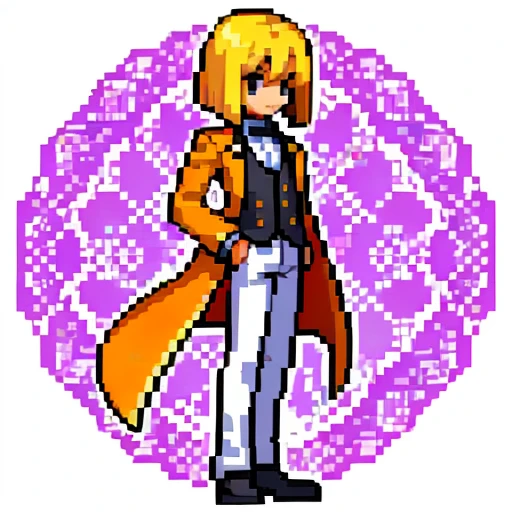 Pixel art, full body, facing left (important), alone, standing upright, long sleeve tuxedo with open front, boots. Hair color: Light medium blonde bob with parted bangs. He has several cards in his hand. Clothes: He wears an orange long-sleeved tuxedo with an open front and a yellow vest underneath. Trousers: white pants. Shoes: Yellow boots.