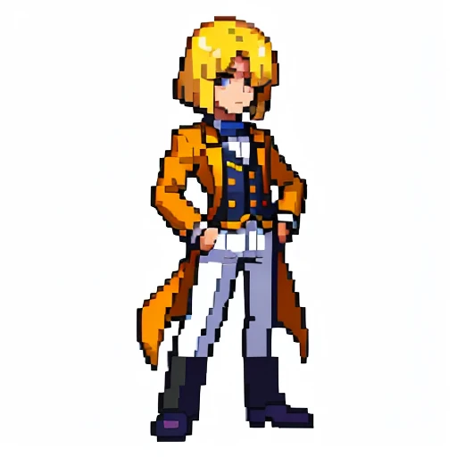 Pixel art, full body, facing left (important), alone, standing upright, long sleeve tuxedo with open front, boots. Hair color: Light medium blonde bob with parted bangs. He has several cards in his hand. Clothes: He wears an orange long-sleeved tuxedo with an open front and a yellow vest underneath. Trousers: white pants. Shoes: Yellow boots.