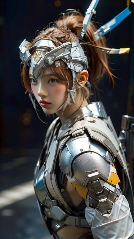 
"A high school-aged girl wearing a combat-powered suit. She has a headband connected to ear receivers. Her face is protected by a shield, ensuring her safety during battles. The suit is primarily made of silver metal and resembles the shape of a bikini. She is equipped with shoulder guards and power hands, which amplify her strength by hundreds of times."
