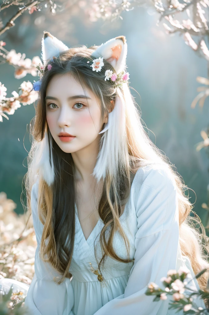 ( masterpiece, top quality, best quality,8k, girl,ultra detailed,raw photo:1.5),(photorealistic:1.4),(cinematic lighting), PerfectNwsjMajic, , Surrealism, UHD, ccurate, Super detail, textured skin, High detail, Best quality, dynamic angle, (high nose,White skin),[Beautiful blue eyes],[flat chest:large breasts:0.5],(1girl),(good anatomy:0.5)), Nine snow-white fox tails (1.0), Milky white fox tail (1.0), Close-up of nine-tailed fox, Nine tails, Nine tails，There are flowers on the hair, Very beautiful fox girl, Beautiful anime fox girl, Beautiful fantasy, guweiz, girl with fox ears, Very beautiful and cute fox girl, flower rain, The background  blurred, Artistic interpretation,a whimsical illustration, Subtle colors and tones, mystical aura
